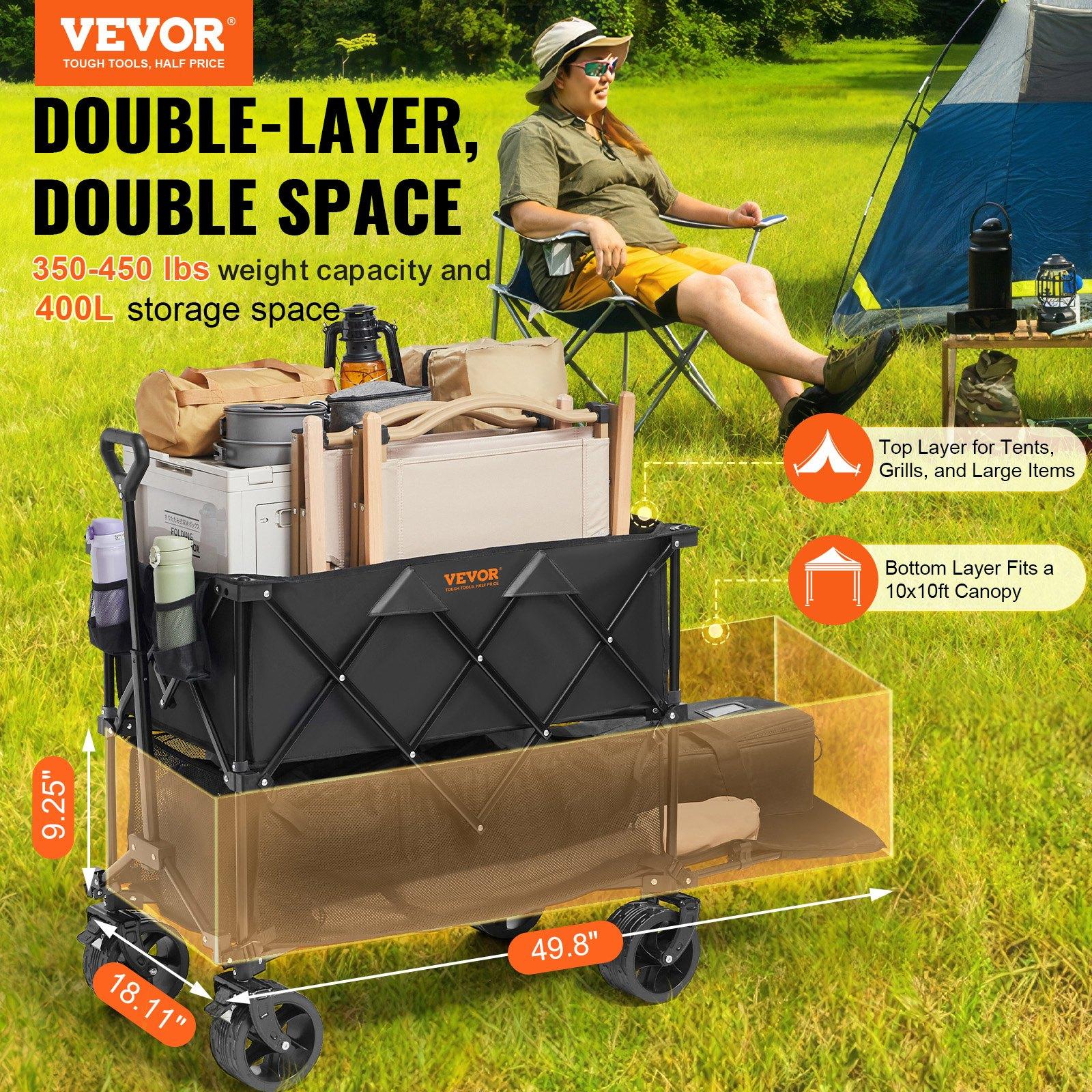 VEVOR Foldable Double Decker Wagon, 400L Collapsible Wagon Cart with All-Terrain Wheels, Heavy Duty Folding Wagon Cart 350-450 lbs Weight Capacity for Camping, Shopping, Garden, 52 Extra Long Extender