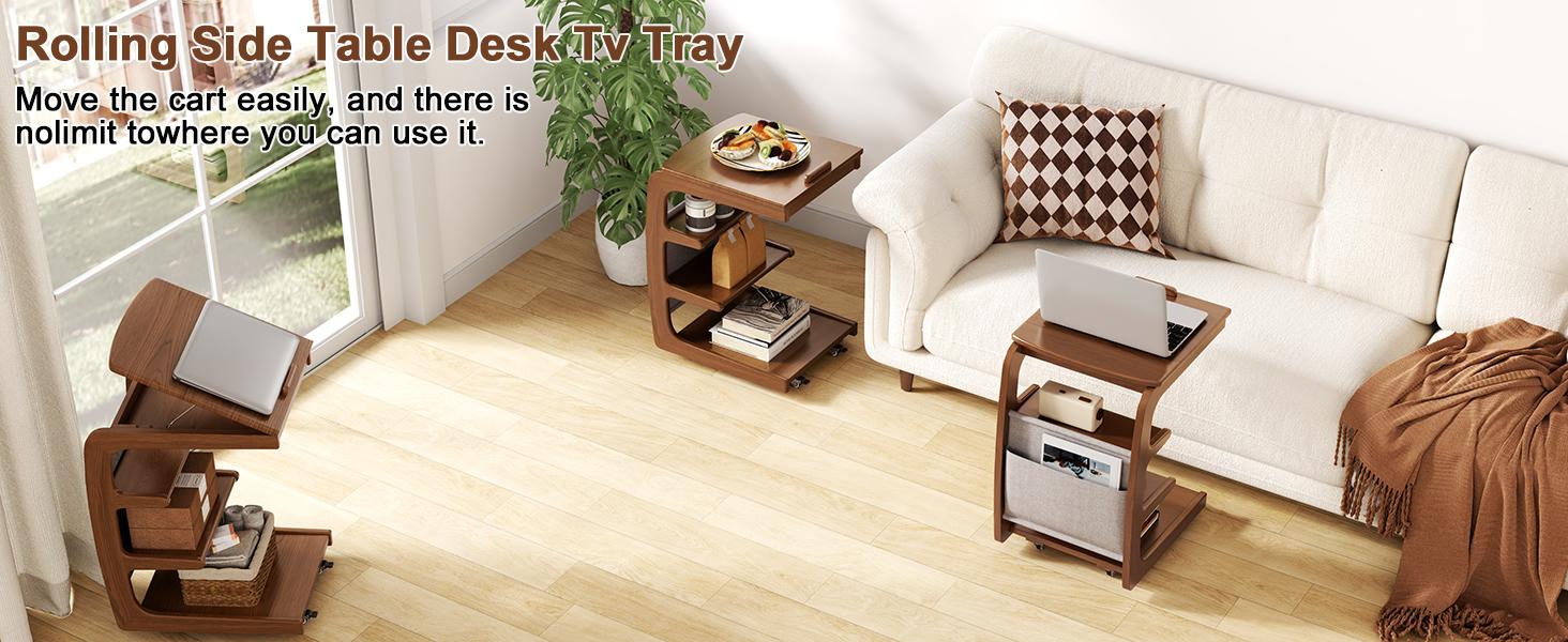 【HOT】Rolling Side Table – Solid Wood Mobile Side Table with Wheels, Adjustable Sofa Table for Living Room, Bedroom, and More, Trending Pick, Influencer Favorite