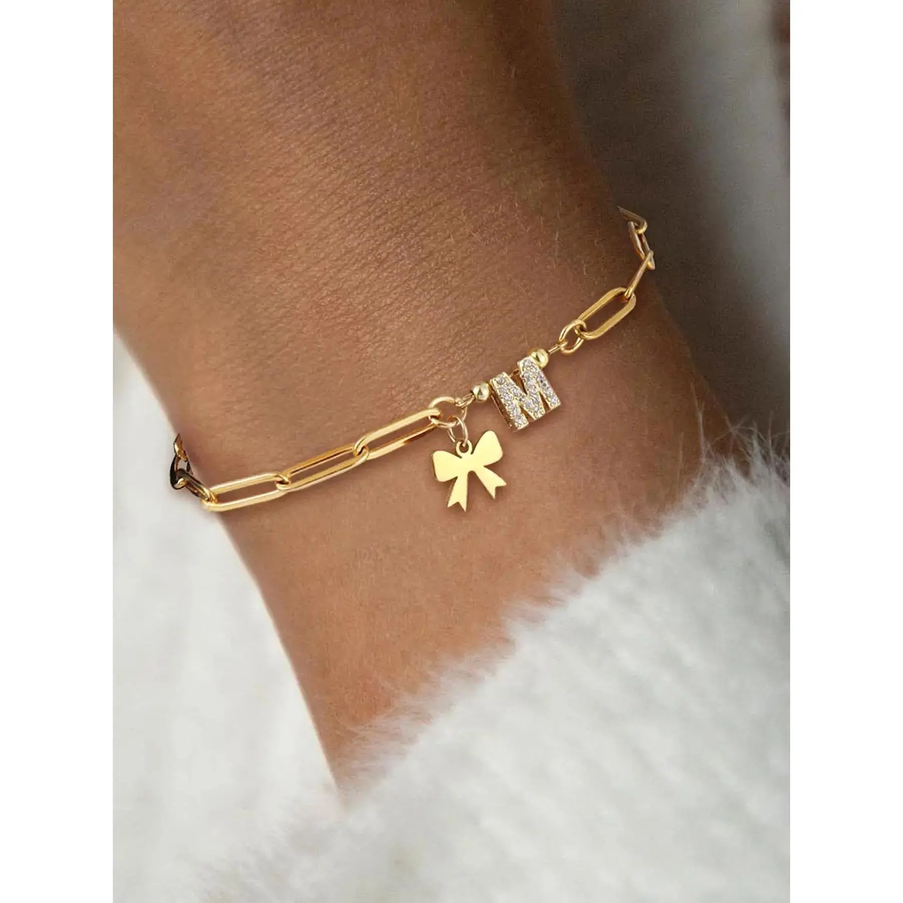 Bowknot Design Initial Bracelet, Rhinestone Decorated Link Bracelet for Women & Girls, Letter Link Bracelet, Initial Letter Bracelets, Fashion Jewelry for Party, Daily Decor, Fashionable Bracelet, Stainless Steel Bracelet