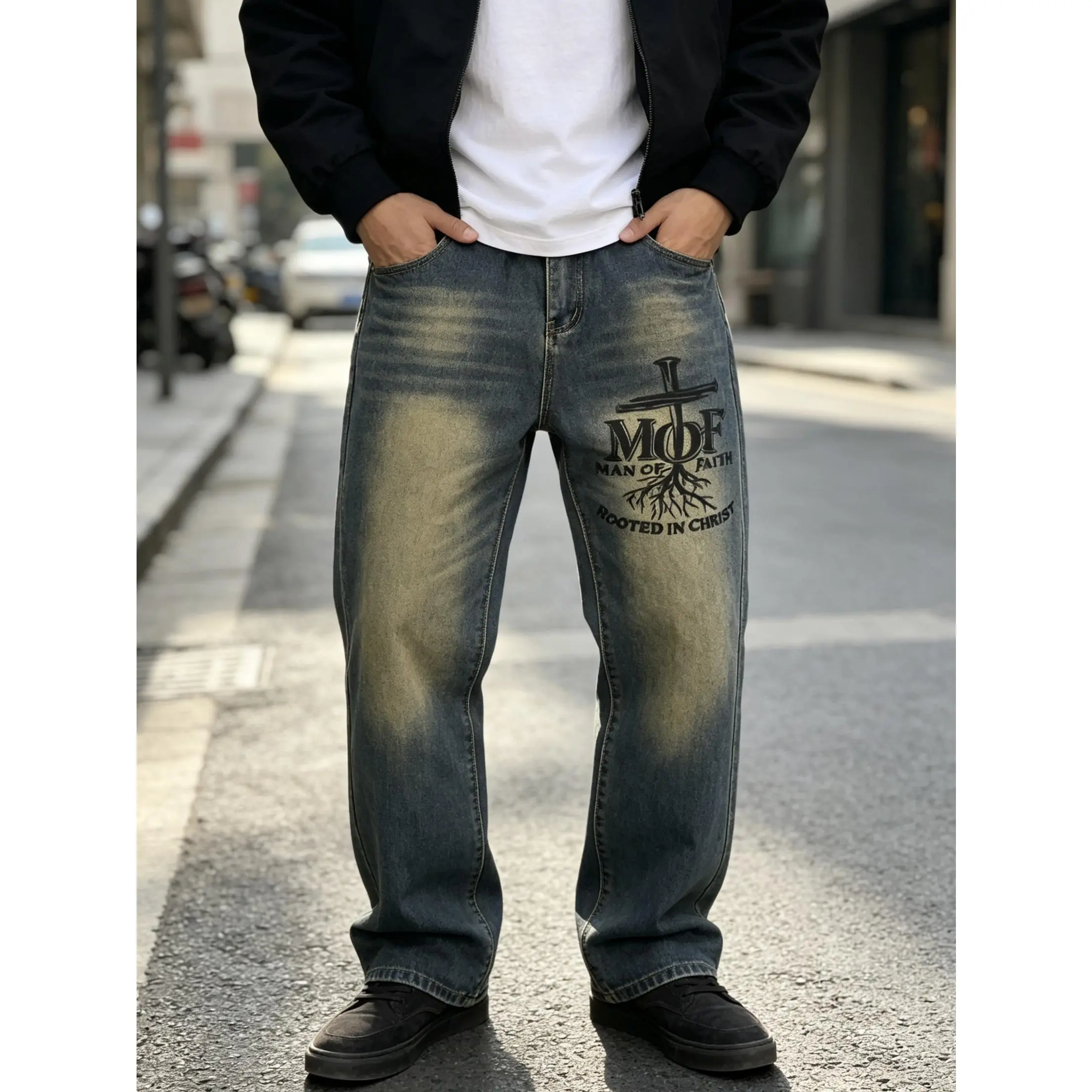 Vintage Washed Cotton Blend Baggy Denim Jeans for Men, Retro Cross Faith Letter Print Distressed Wide Leg Pants, High Rise Relaxed Casual Street Hip Hop Loose Fit Denim Bottoms