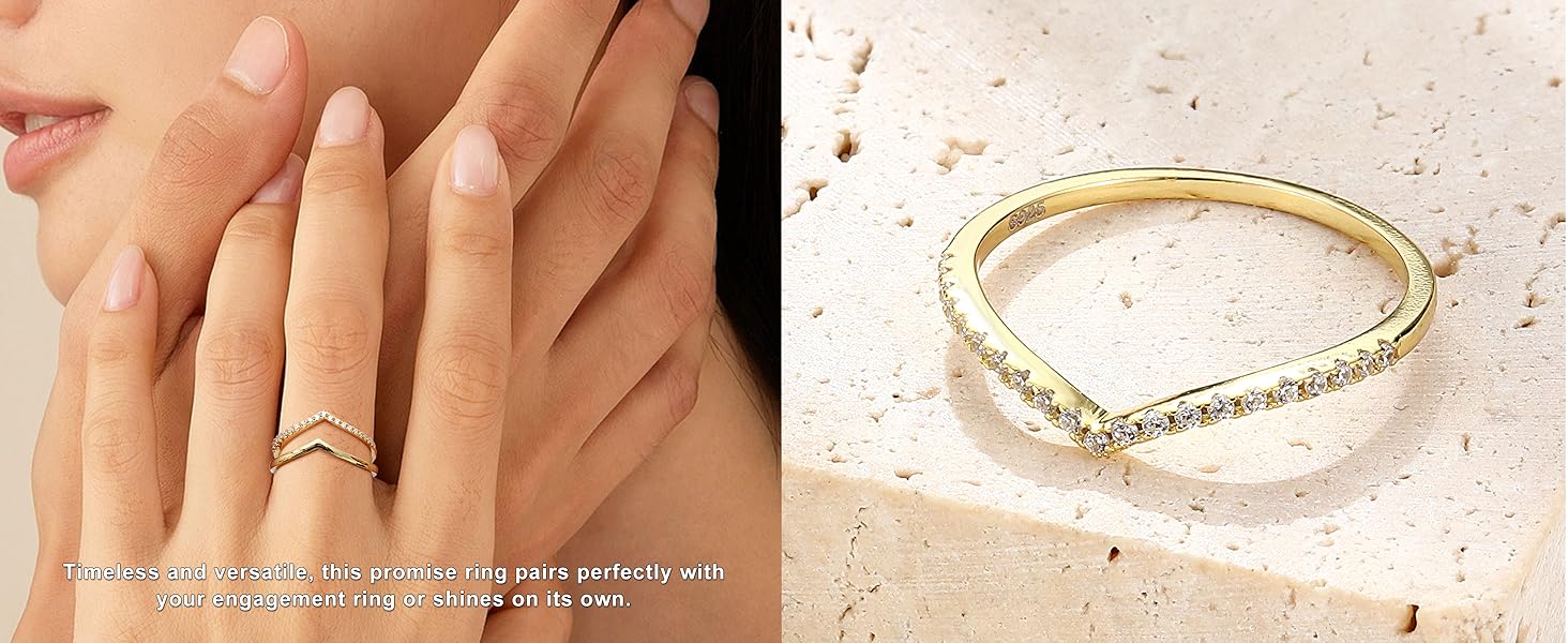 2PCS Silver Rings for Women Silver 14k Gold Plated Wishbone Ring Non Tarnish Wedding Bands Stackable Dainty V Shaped Rings CZ Wedding Rings Promise Ring Engagement 5-10