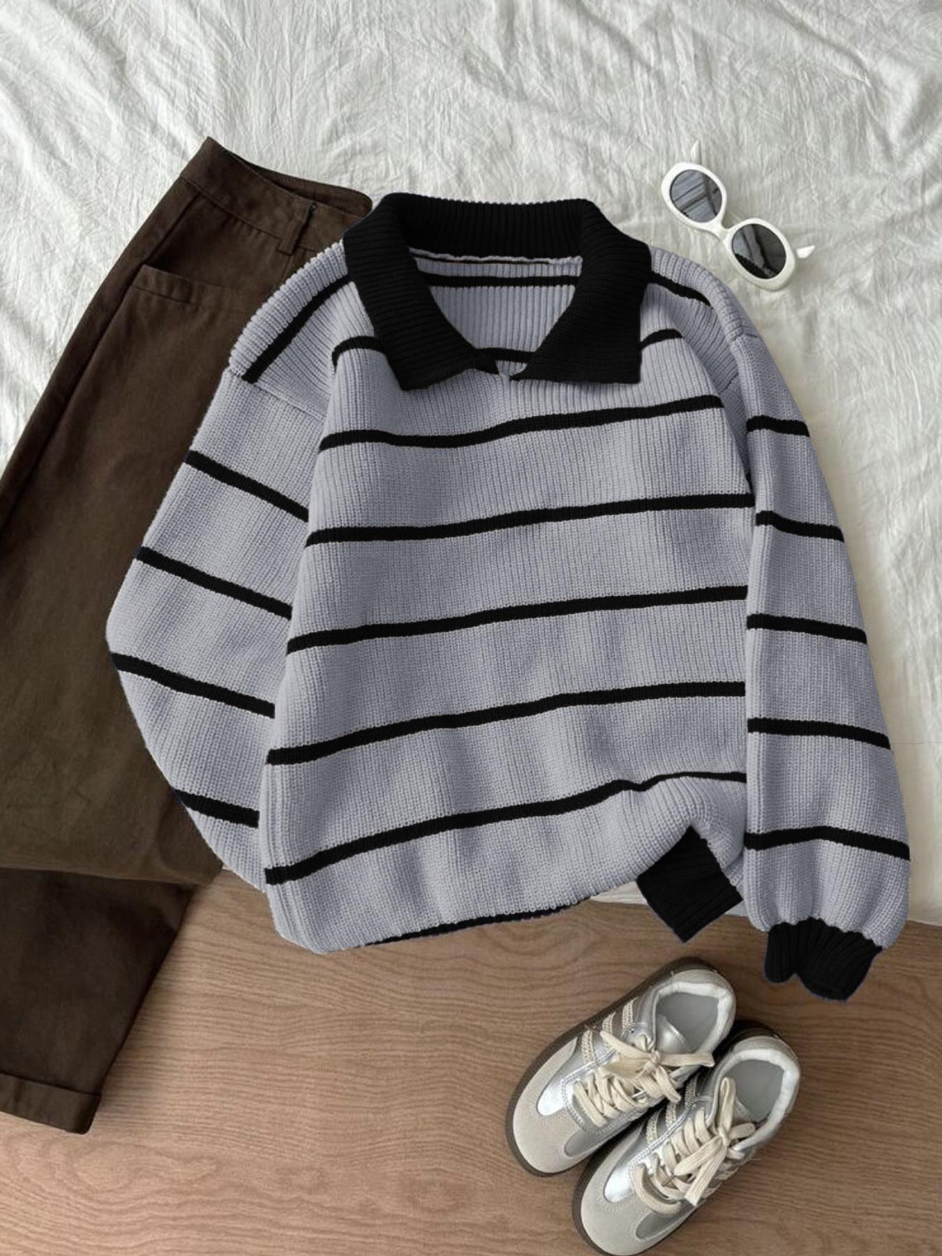 Autumn Winter Striped Polo Neck Long Sleeve Pullover Sweater, Fashionable Lazy Casual Loose Fit Knitwear, Versatile Style, Womenswear