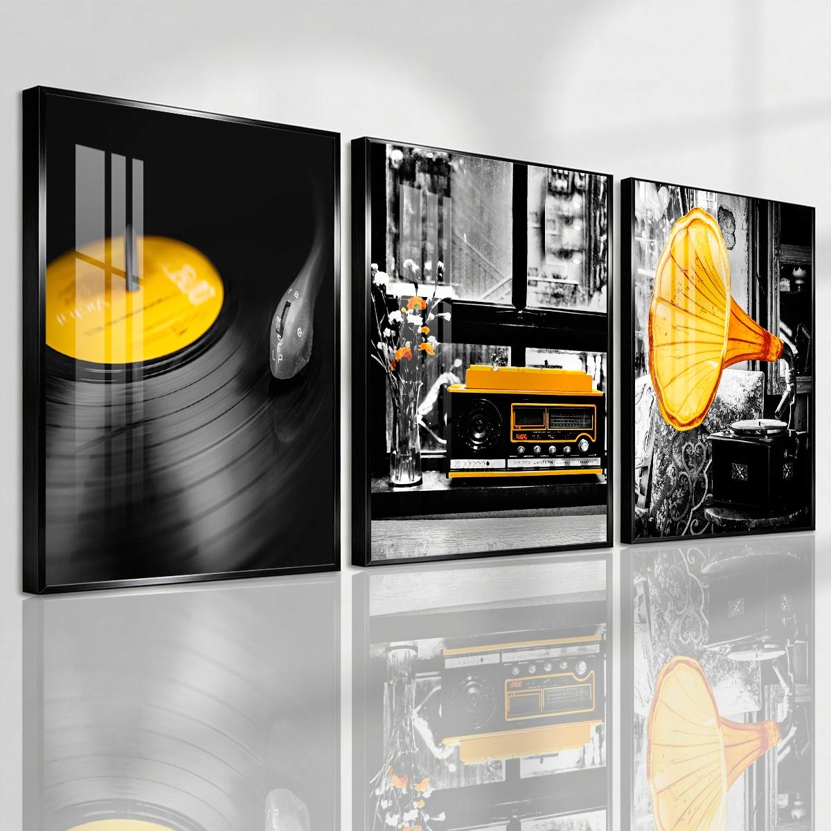 3 Counts Aluminum Alloy Framed Painting, Retro Vinyl Record Radio And Gramophone Pictures, Home Decoration For Living Room, Bedroom, Office, Restaurant, Hallway Wall Decor, Odorless Print Artwork, Luxury Perfect Gift For Friends And Family