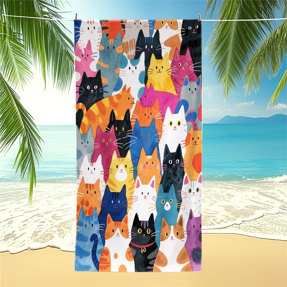 Cute Cartoon Cat Beach Towel, Trendy and Cool Print Design, Lightweight and Quick-Drying Towel, Suitable for Teens, Adults, and Children for Poolside, Vacation, Travel, and Outdoor Summer Use. Lightweight and Quick-Drying
