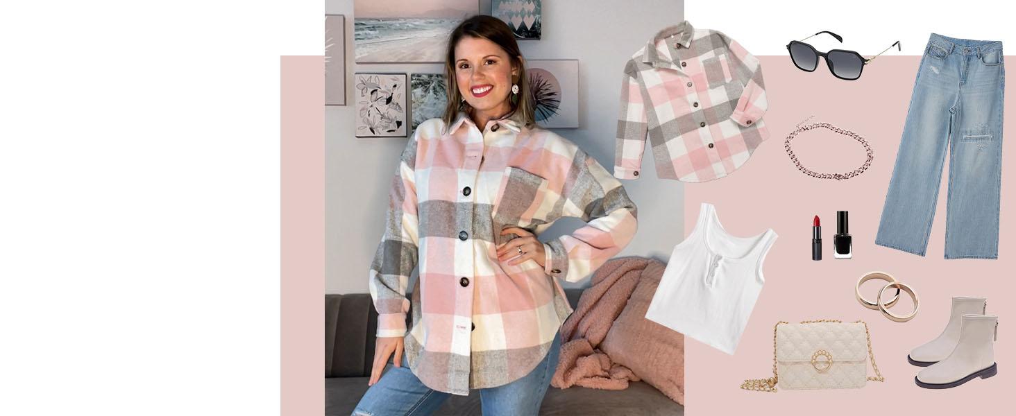 Angerella Womens Casual Plus Size Shacket Jacket Long Sleeve Button Down Shirts Blouses Tops Collared Coats