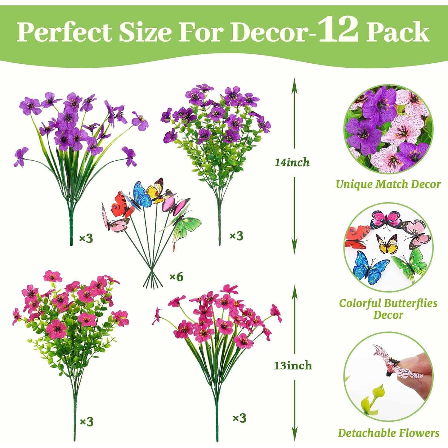 12 Bundles Artificial Flowers for Outdoors, UV Resistant Fake Outdoor Flowers No Fade Faux Outdoor Flowers Plants for Garden Porch Window Box Pot Planters Decor (Fuchsia+Rose Red) Decoration Items Decorations Supplies