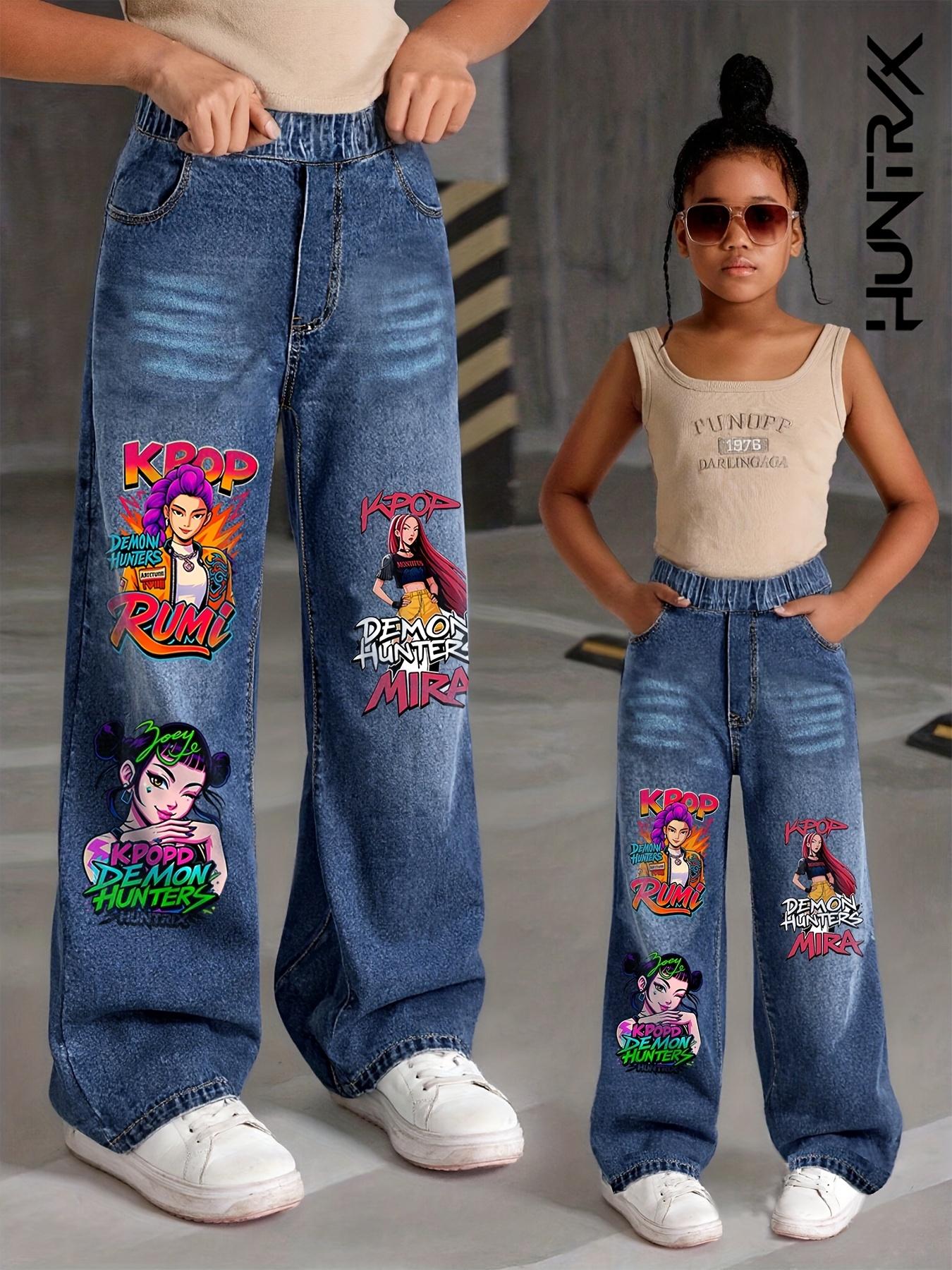 Girls' Casual Fitted Jeans, Cartoon Print Denim Pants for Ages 7-12, Stylish Youthwear for Fall & Winter, Trendy Trousers for Girls