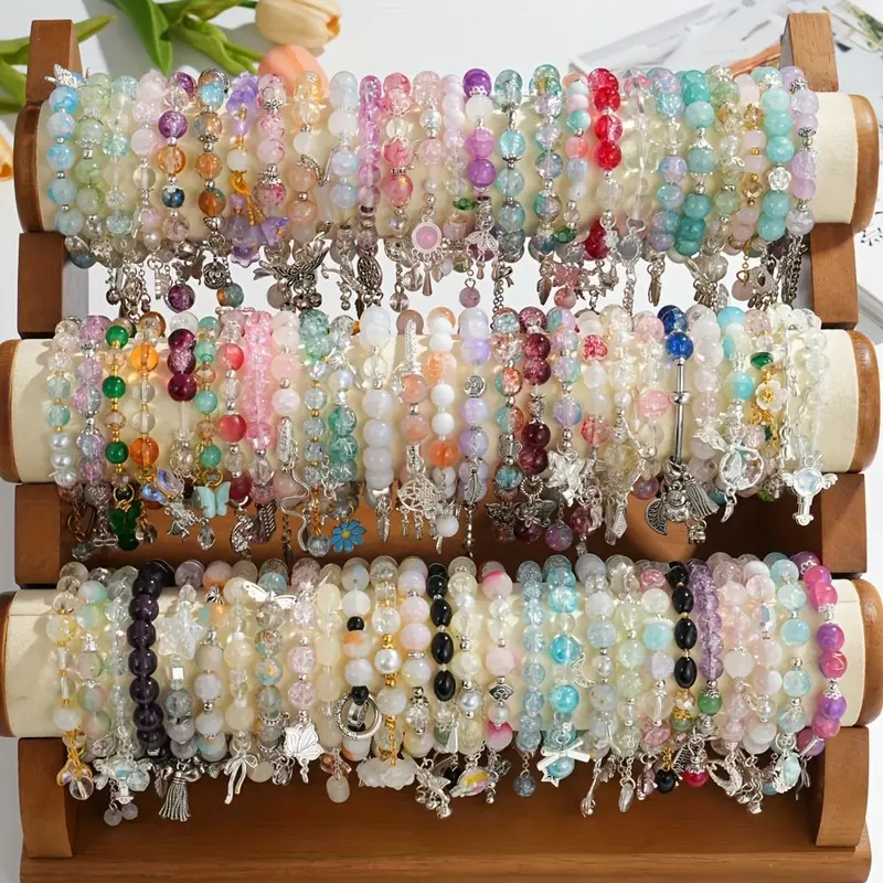 Women's 20pc Beaded Bracelets Set - Stacked Boho Glass Bead Stretch Jewelry with Floral, Heart, Butterfly Charms, Cute Accessories, Purse Stuffers for Everyday Gifting