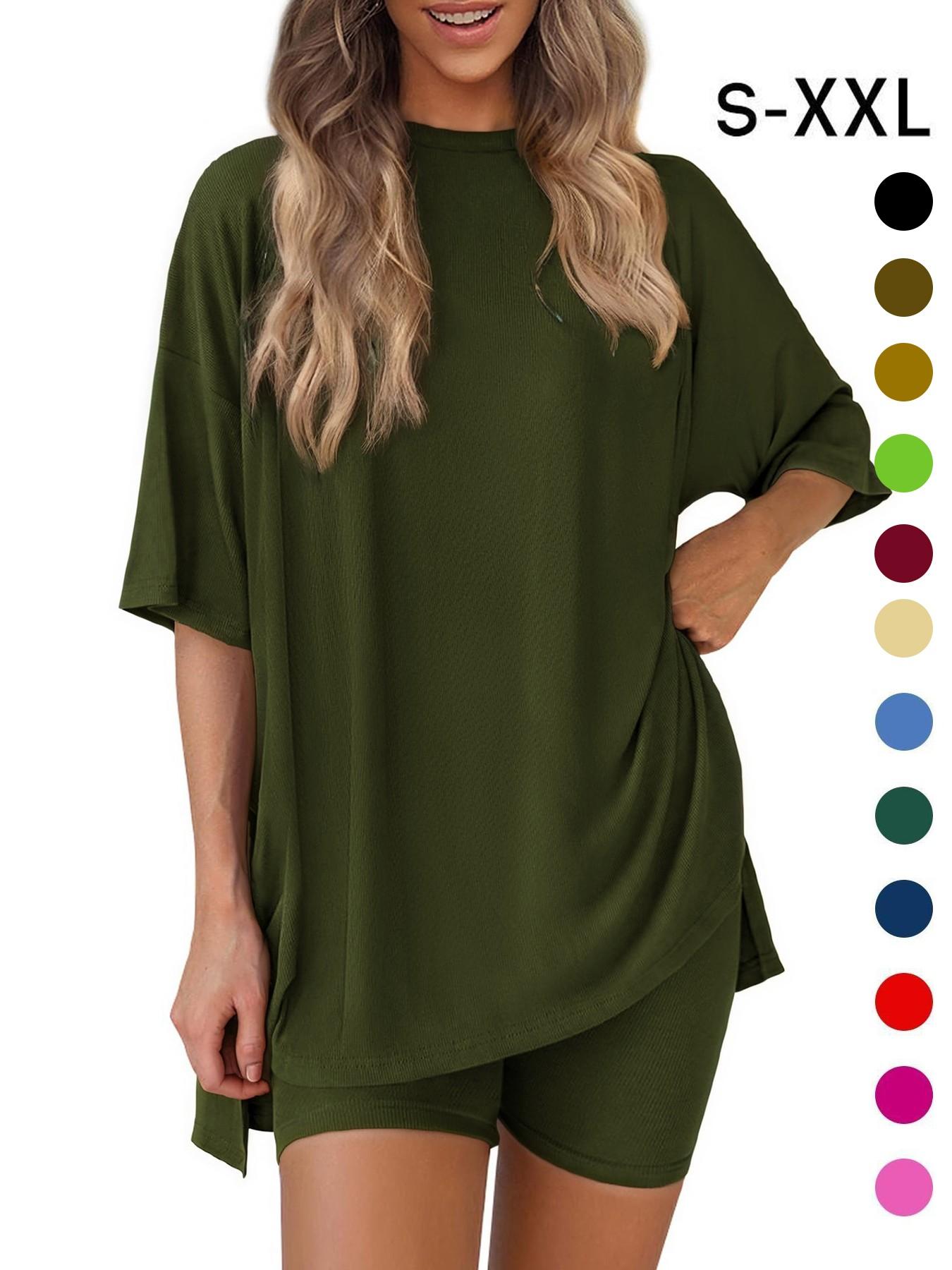 Women's Solid Color T-Shirt and Tight Shorts Set, Summer Comfort Round Neck Pajamas Loungewear, Nightwear, Pocket Design, Suitable for Outdoor Wear