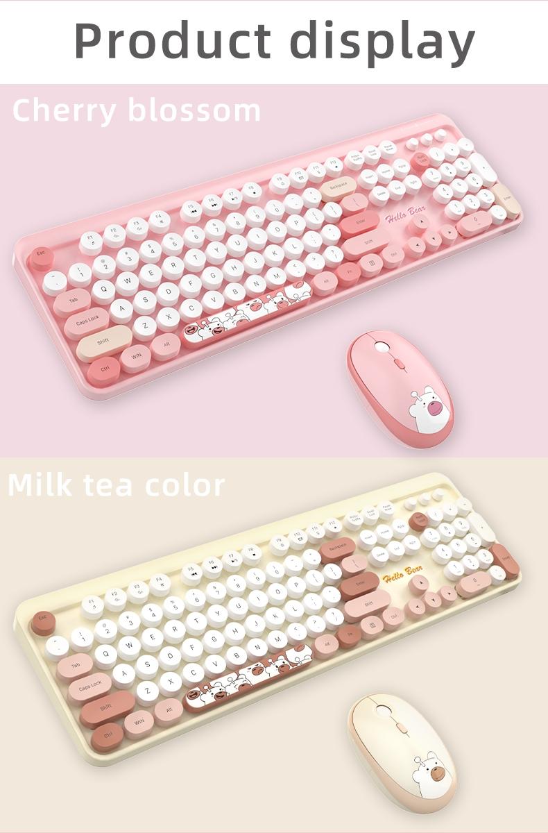 MOFii 1 Set Wireless Keyboard and Mouse Combo, Purple Cute Bear Round Keycaps, High-Appearance Office Keyboard Mouse for Girls, Universal for Laptop and Desktop, US Qwerty (Batteries Not Included)