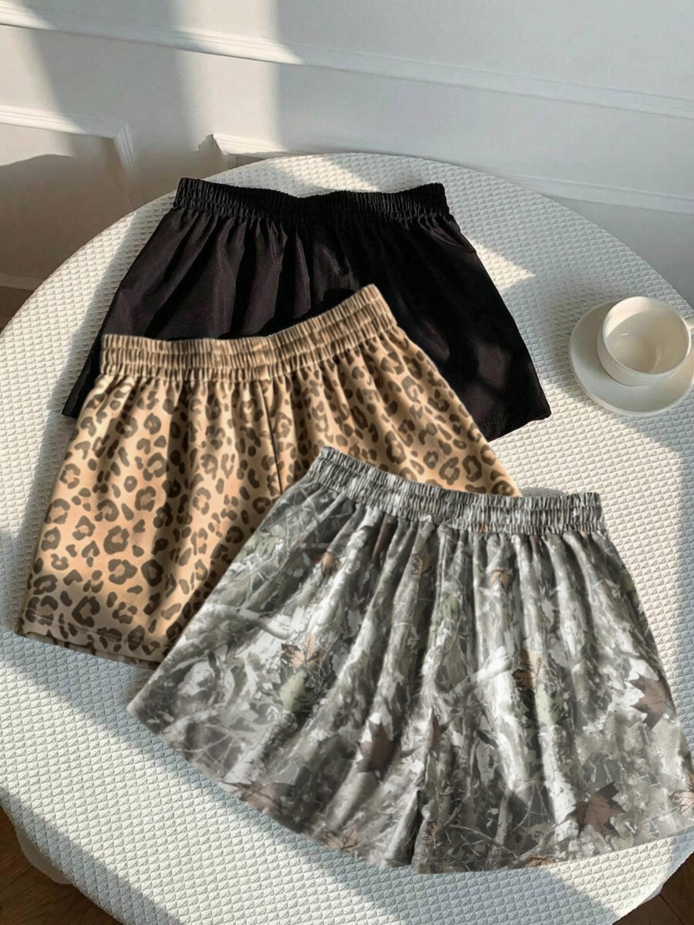 3-Pack Women's Summer Casual, Fashion, Elastic Waistband Shorts: Leopard Print + Solid Color – Comfortable, Loose Fit. Soft fabric, slant pockets, letter tag design. Suitable for daily light exercise, going out, home wear