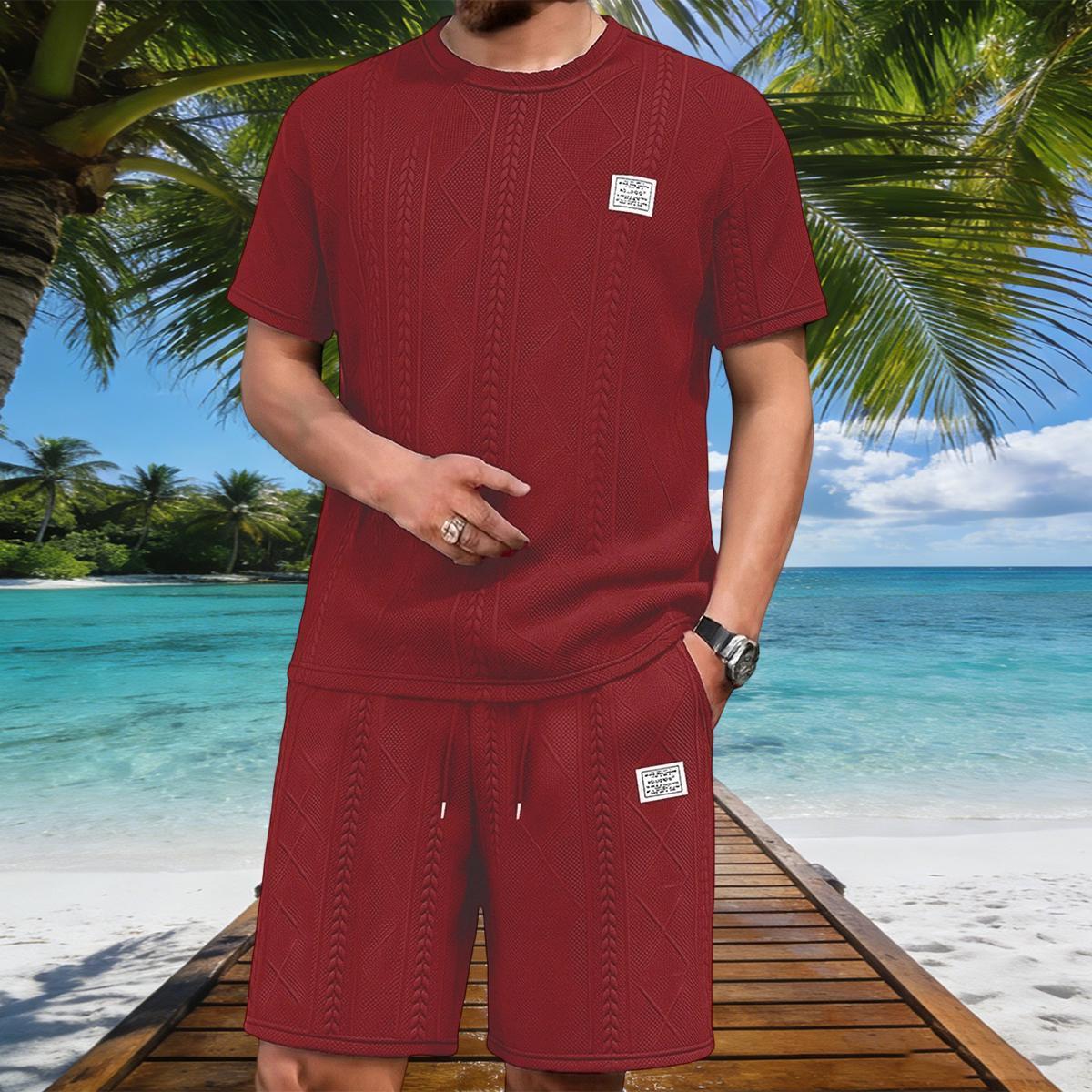 Men's Premium Textured Knit 2-Piece Outfit, All-Over Diamond Jacquard Pattern T-Shirt and Drawstring Shorts Set, Breathable Casual Co-ord for Summer, Streetwear, Travel & Everyday Activities