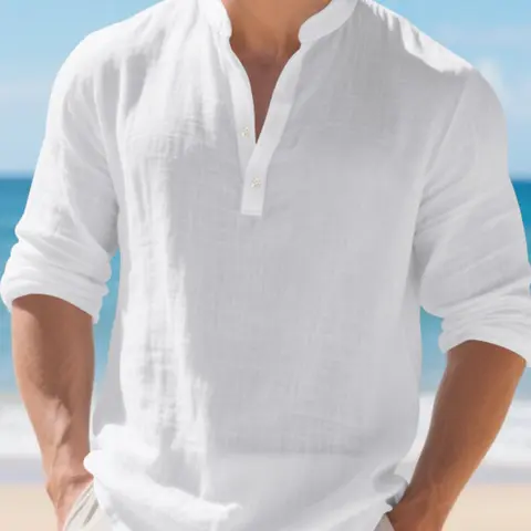 Men's Loose-Fit Casual Linen V-Neck Henley Shirt, Long Sleeved Beach Shirt, Long Sleeve Breathable Top for Spring & Fall, Trendy American Style
