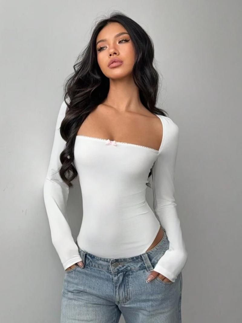 Women's Plain Bow Decor Square Neck Bodysuit, Elegant Fashion Casual Long Sleeve Bodysuit for Daily Outdoor Wear, Women Clothing for Summer