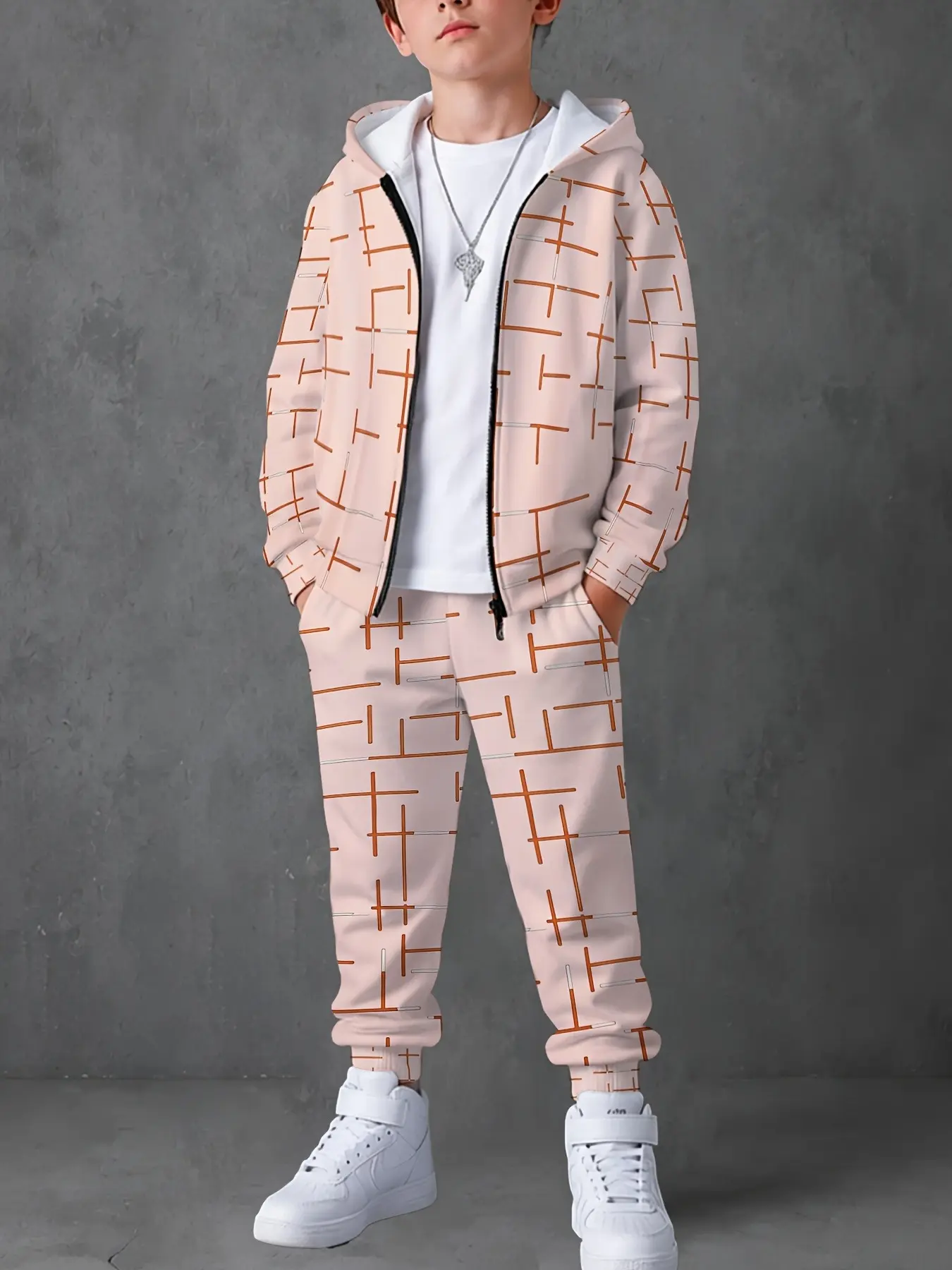 Boys Trendy Geometric Plaid 2‑Piece Outfit, Zip‑Up Hooded Sweatshirt Jacket & Jogger Pants, Loose‑Fit Comfortable Casual Sports Set for Big Boys, Versatile for School & Daily Wear, Multiple Colors Available