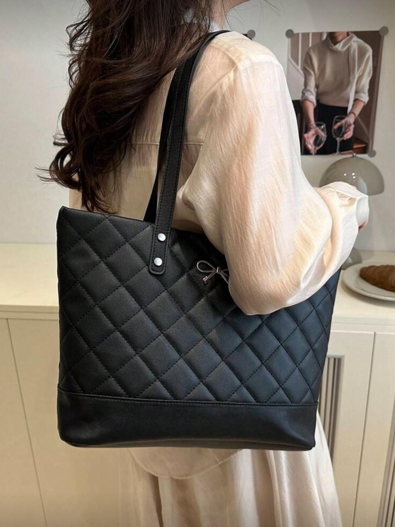 Large Capacity Diamond Pattern Solid Color Bow Handbag, Casual Simple Fashion Tote Bag, Quilted Work Bags, 2026 New Women's Stylish Bow Wallet