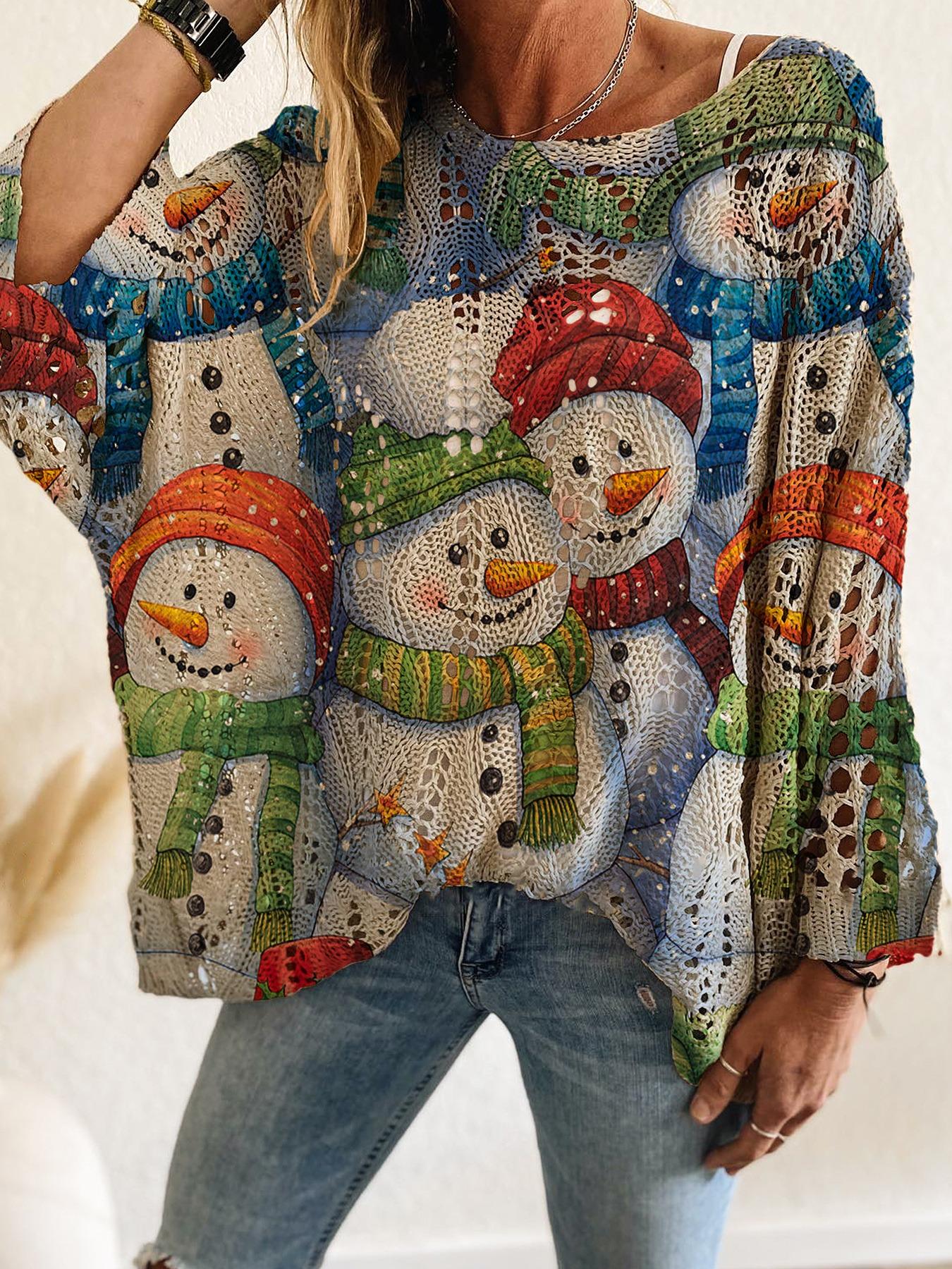 Women's Halloween Pumpkin Print Long Sleeve Knit Top, Casual Elegant Flowy Vacation Style, Loose Fit Batwing Shoulder, Spring Summer Fall Wear