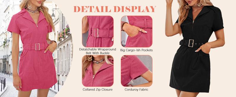 Wenrine Women's Corduroy Mini Dress Short Sleeve Lapel Zip Up Belted Cowgirl Dresses with Pockets