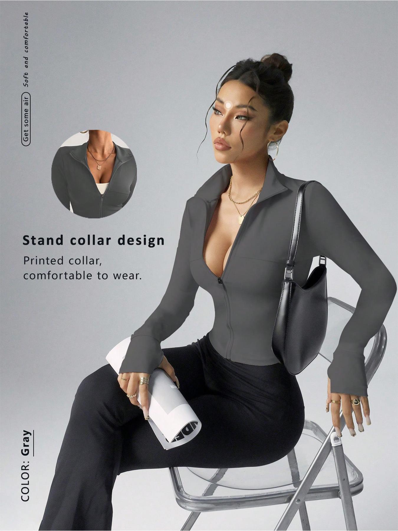 Women's Solid Color Zip Up Athletic Sports Jacket, Casual Long Sleeve Collared Zip Front Activewear Outerwear for Daily Wear, Ladies Sportswear Womenswear for All Seasons, Athleisure Style, Athletic Jackets, Zippered Women's Solid Color Zip Up Athletic Sports Jacket, Casual Long Sleeve Collared Zip Front Activewear Outerwear for Daily Wear, Ladies Sportswear Womenswear for All Seasons, Athleisure Style, Athletic Jackets, Zippered