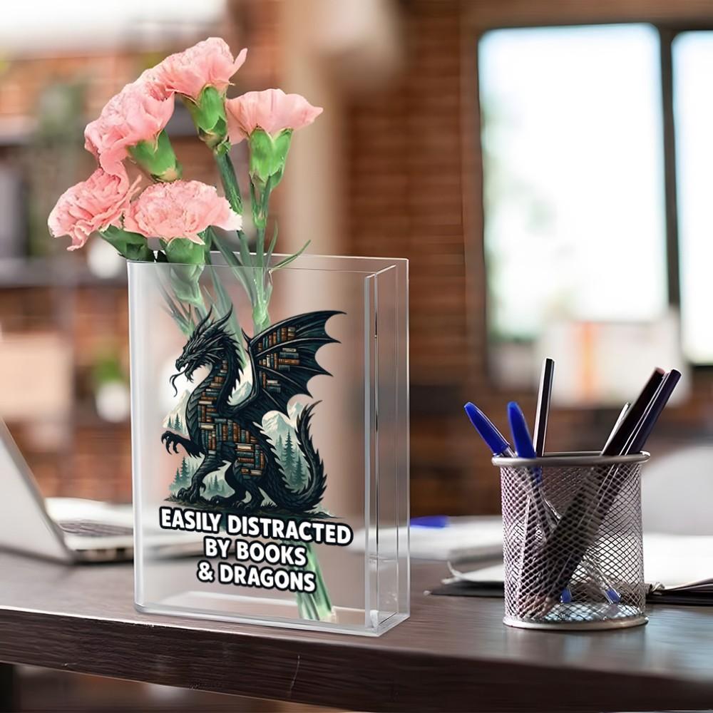 Acrylic Book-Shaped Vase, Transparent Material, Hand-Drawn Shelf Design, Elegant Home Decor, Perfect for Teacher's Day, Birthday, Christmas