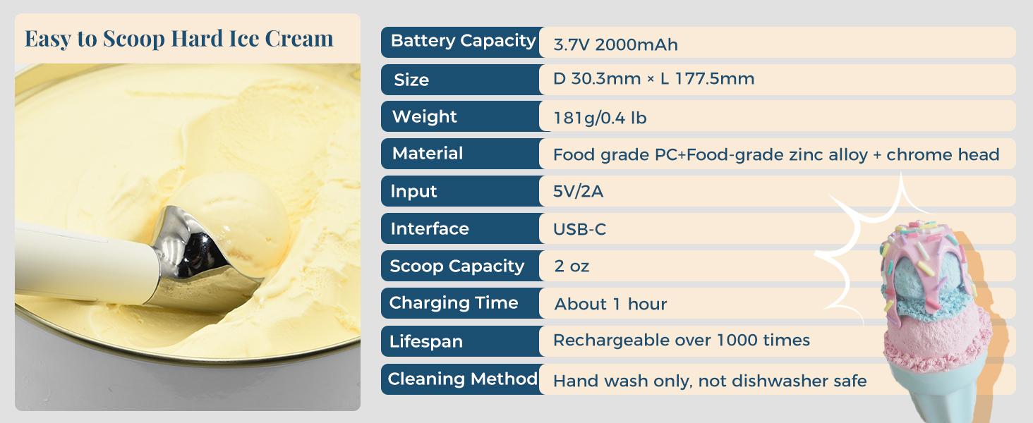 FROSTJOY Heated Ice Cream Scoop Rechargeable Electric Scooper 2 Oz Stainless Steel LED Display IP67 Waterproof Durable for Hard Ice Cream