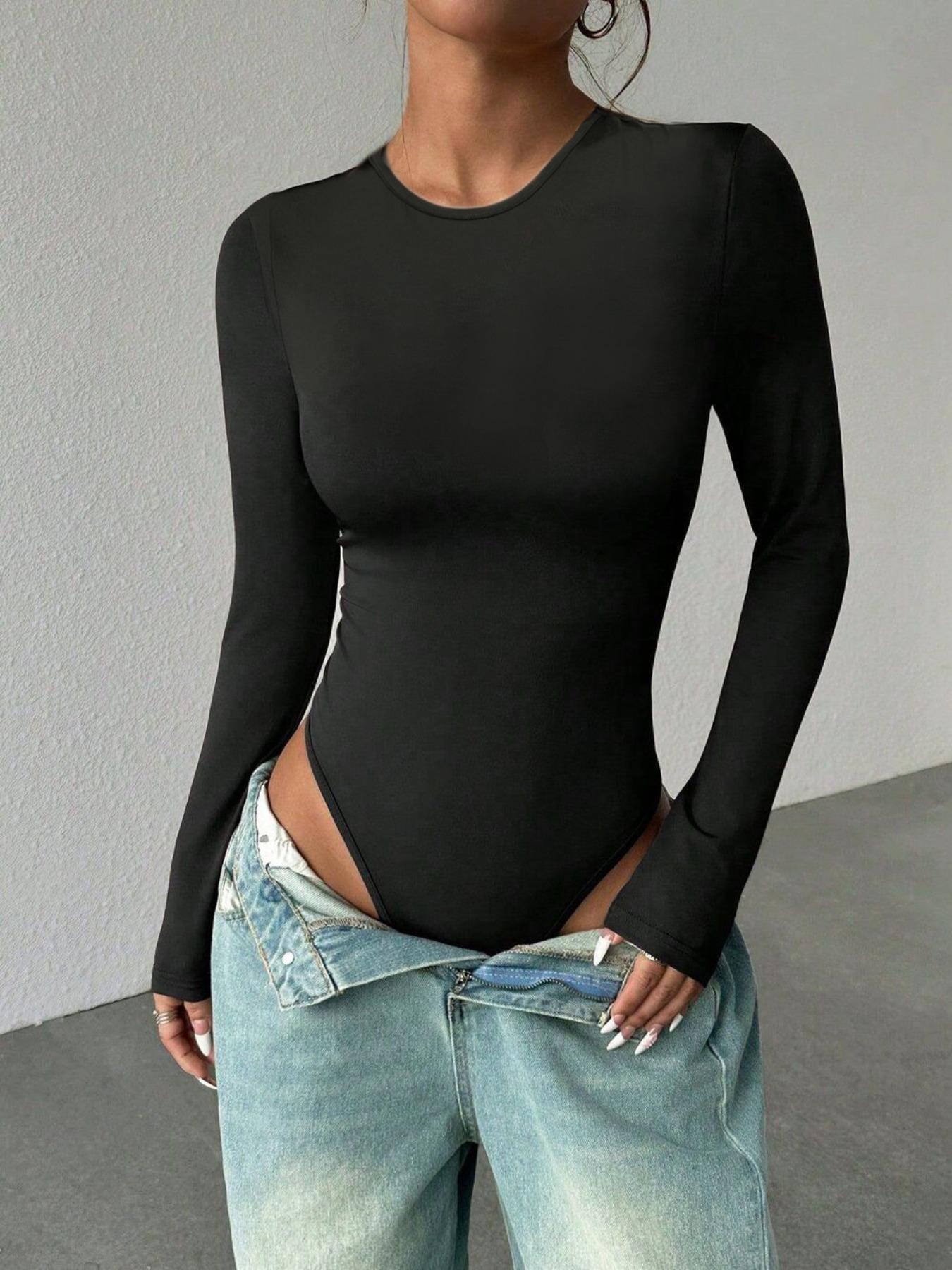 Women's Slim-Fit Fall Winter Bodysuit, Casual Basic Round Neck Long Sleeve Underwear, Moderate Fabric Thickness, Comfortable & Stylish Clothes