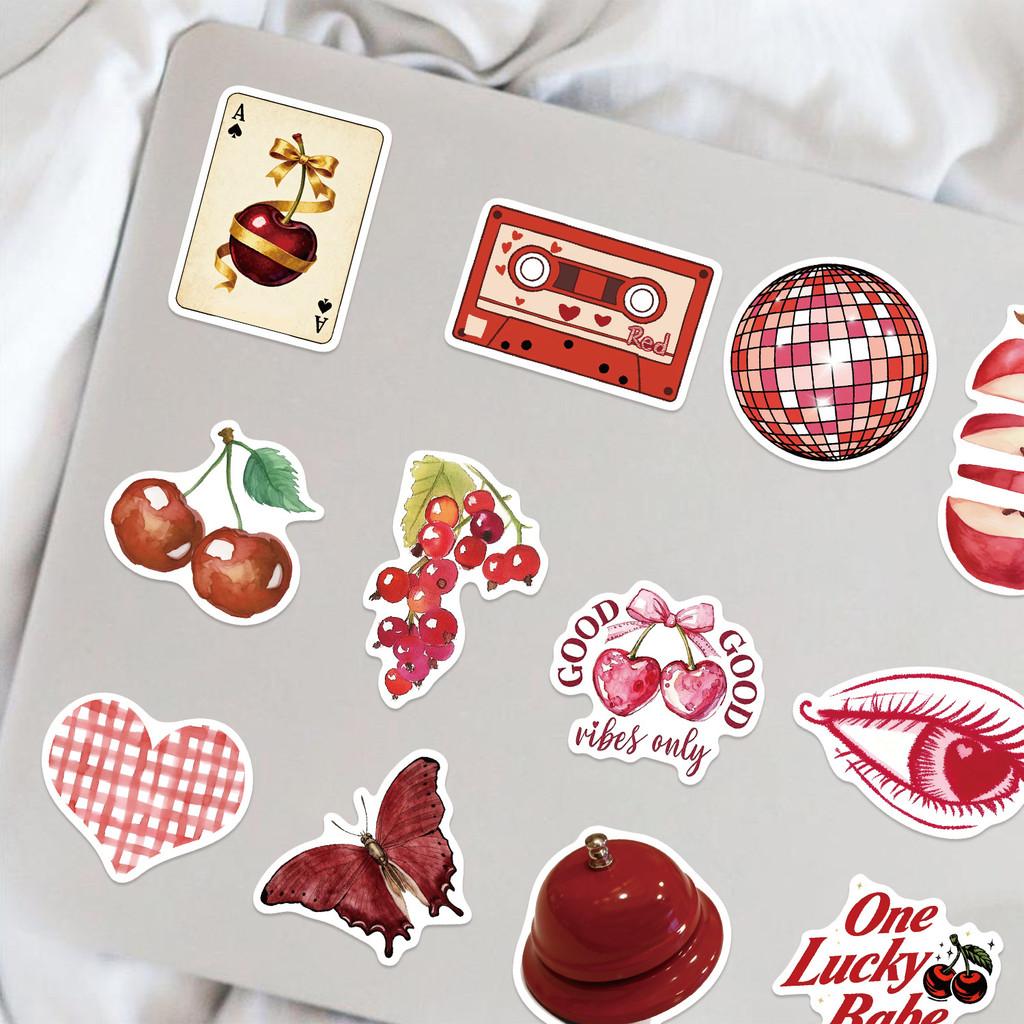 100Pcs Red Cherry Girl Retro Aesthetic Graffiti Stickers Waterproof PVC Decals for Guitar