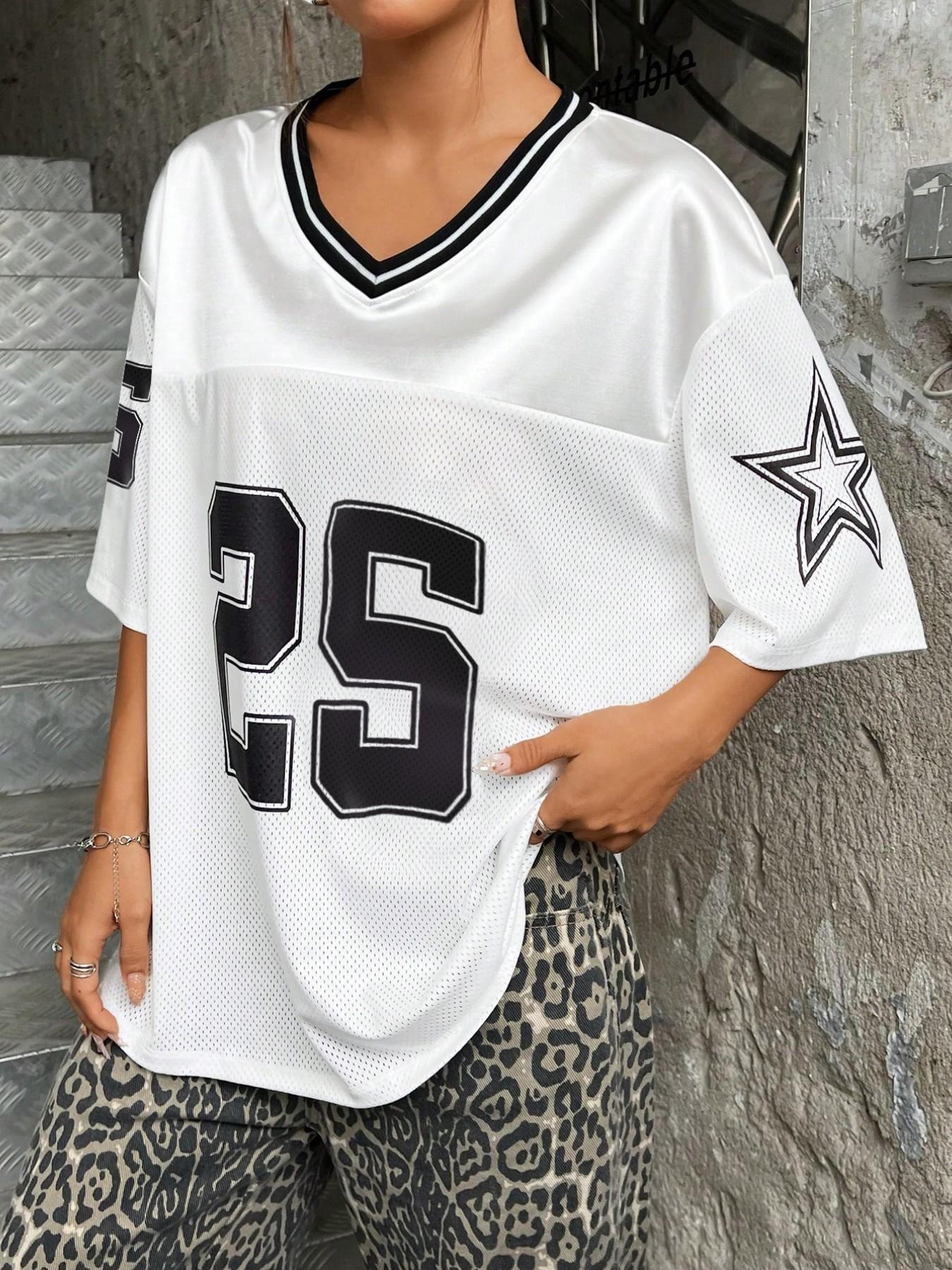 Women's Number 25 Varsity Mesh Football Jersey 🖤🤍 White/Black/Green Color Options | V-Neck Striped Trim & Star Sleeve Detail | Oversized Relaxed Fit | Perfect for Streetwear, Sporty Style & Y2K Outfits | Retro Sport Essential