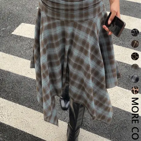 Women's Vintage Plaid Midi Skirt, High Waist Pleated A-Line Dress, Y2K Style, Casual Loose-Fit, Perfect for Street Party, Fall Winter Layering, High Waist Skirts