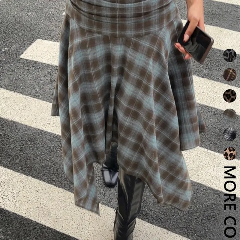 Women's Vintage Plaid Midi Skirt, High Waist Pleated A-Line Dress, Y2K Style, Casual Loose-Fit, Perfect for Street Party, Fall Winter Layering, High Waist Skirts