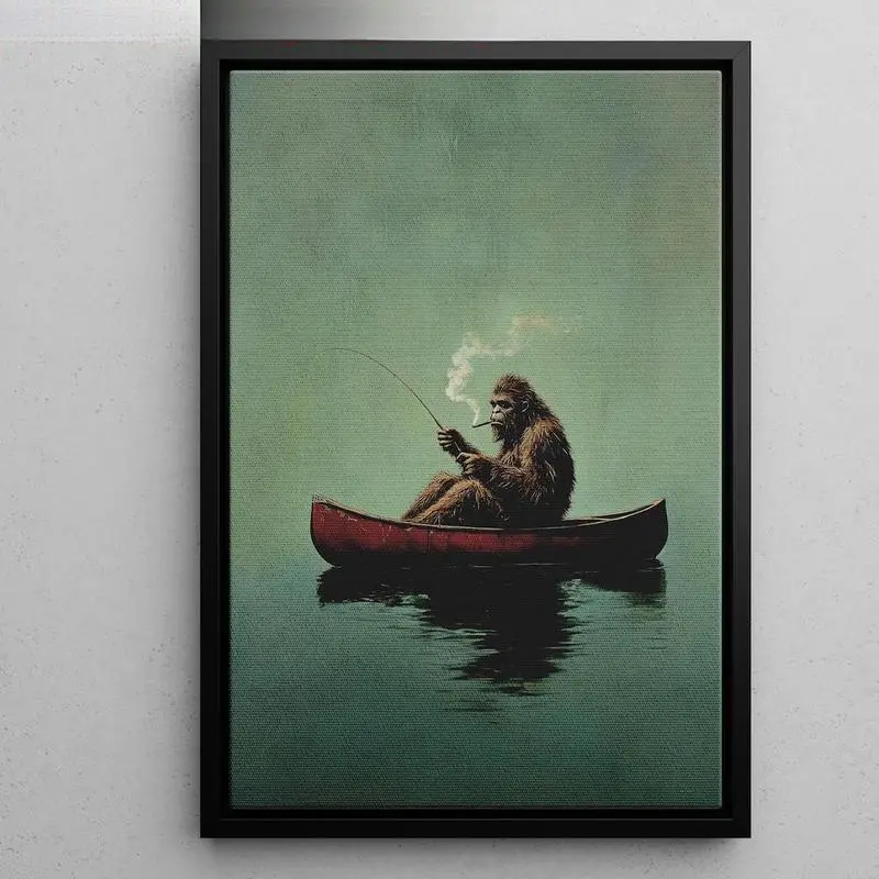 Vintage Sasquatch Fishing Canvas Wall Poster - Funny Bigfoot in Canoe Waterproof Unframed Multi-Size Print, Rustic Outdoor Decor, Gift Idea for Nature Lovers