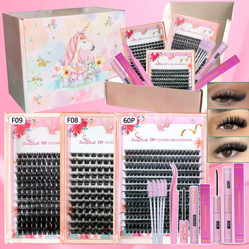 3-Box 3D Wispy Individual Cluster Lash Set, Individual Lash Extensions - Ultra-Thick Volume, Curly Mixed Lengths - DIY Lash Extension Kit with Lash Bond, Seal, Remover, Applicator & Lash Brush - Everyday Eye Makeup, Gifts for Friends