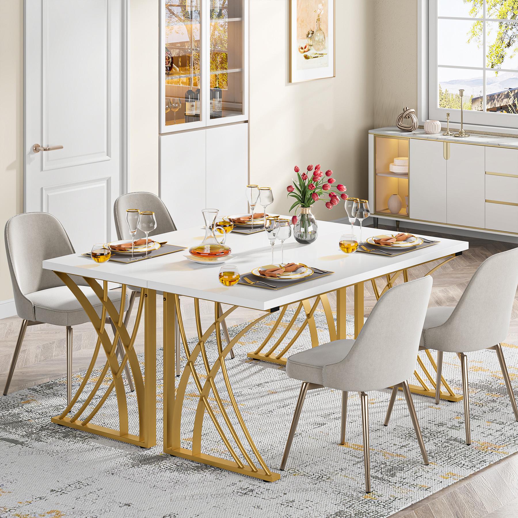 LITTLE TREE 55’’ Large Modern Computer Desk, White & Gold Luxury Laptop PC Student Table, Makeup Vanity Table with Thick Frame & Strong Legs, Sturdy Writing Workstation for Home & Office