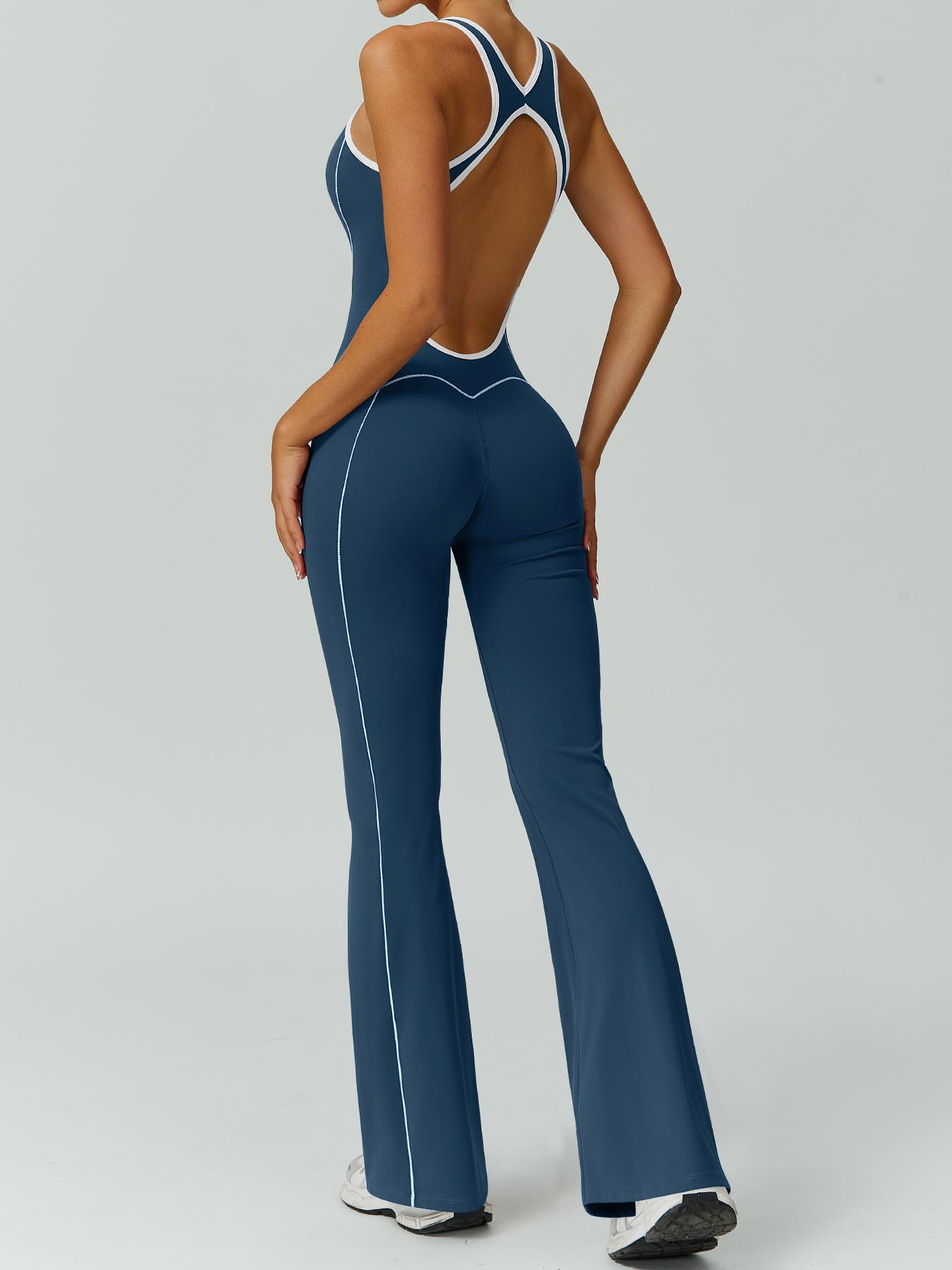 Women's color blocked backless jumpsuit comfortable and nude with a cinched waist sleeveless U-neck wide leg flared pants yoga clothes jumpsuit suitable for gym training outdoor running dancing tennis seasonal fashion contrasting Backless Sports Jumpsuit