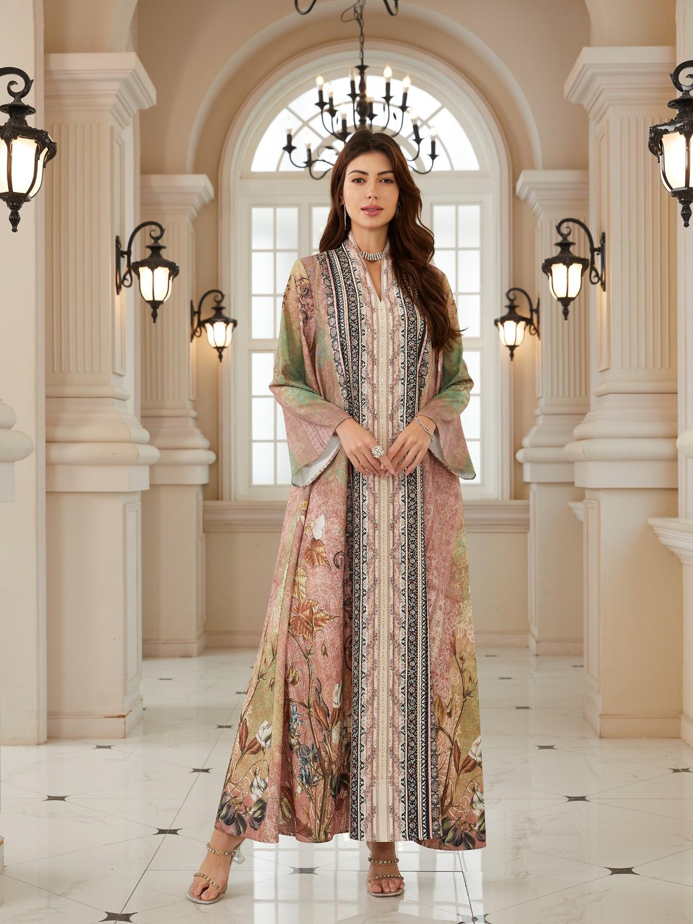 Women's Vintage Floral Print Rhinestone Long Robe, Dubai Style Kaftan Evening Dress, Ramadan Eid Abaya