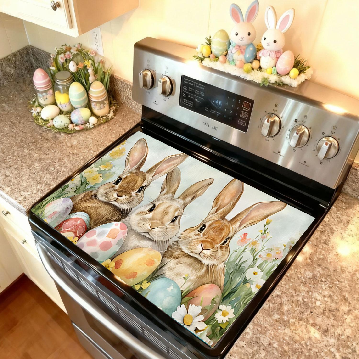 Easter Soft Electronic Stove Panel Protector Pad, Rabbit Bunny Egg Flower Design, Scratch Resistant, Easy to Clean, Multi-Purpose Kitchen Cover