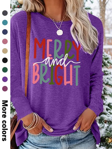 Women's Christmas Casual Letter Print Round Neck Long Sleeve T-Shirt, Comfortable Fabric, Available in 9 Colors, All Seasons Wear