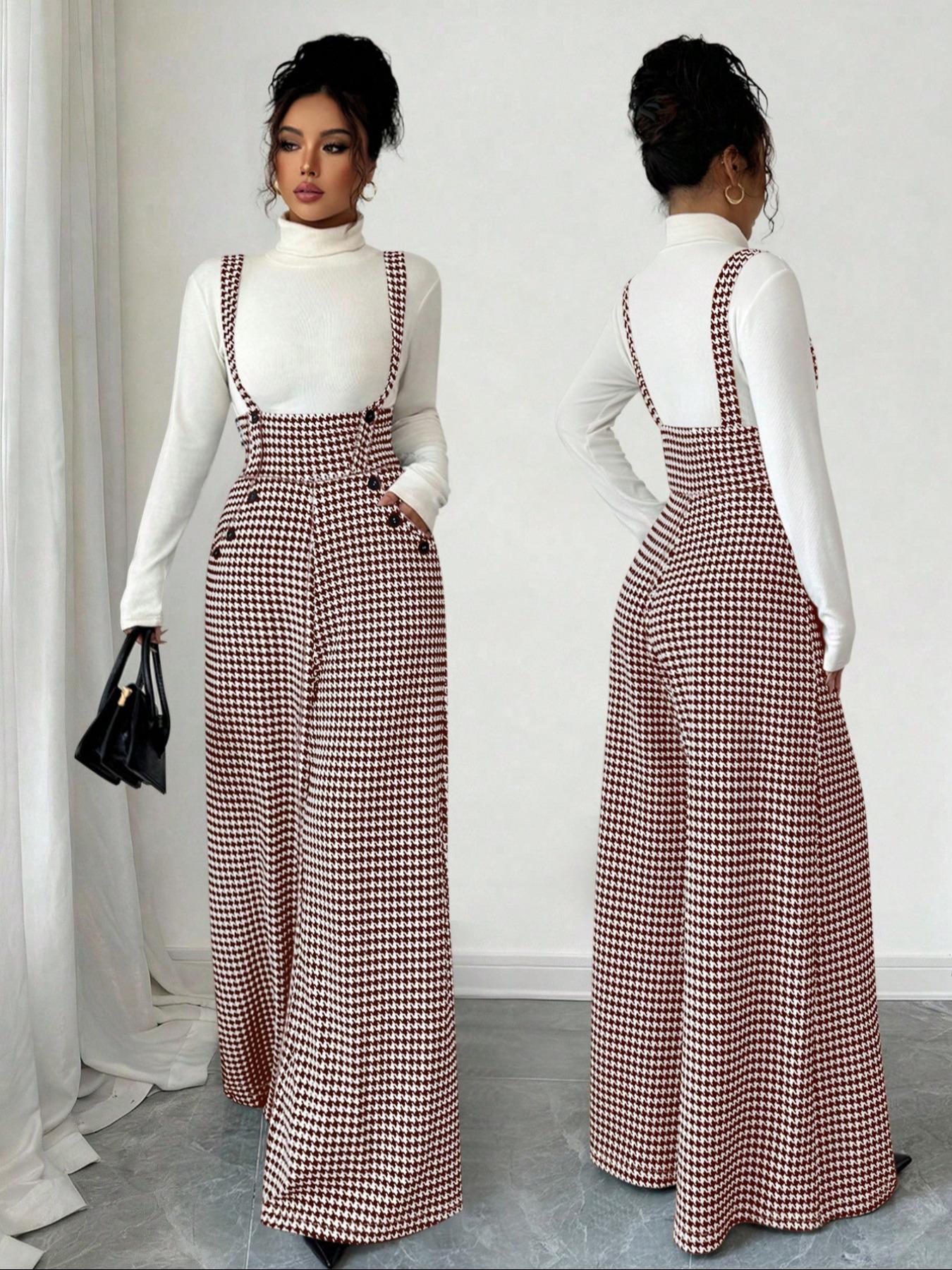 Women's Knitted Houndstooth Plaid Print Belted Pants, Elegant Fall/Winter Fashion, Long Pants with Front Zipper and Pockets, Casual Commuter Wear