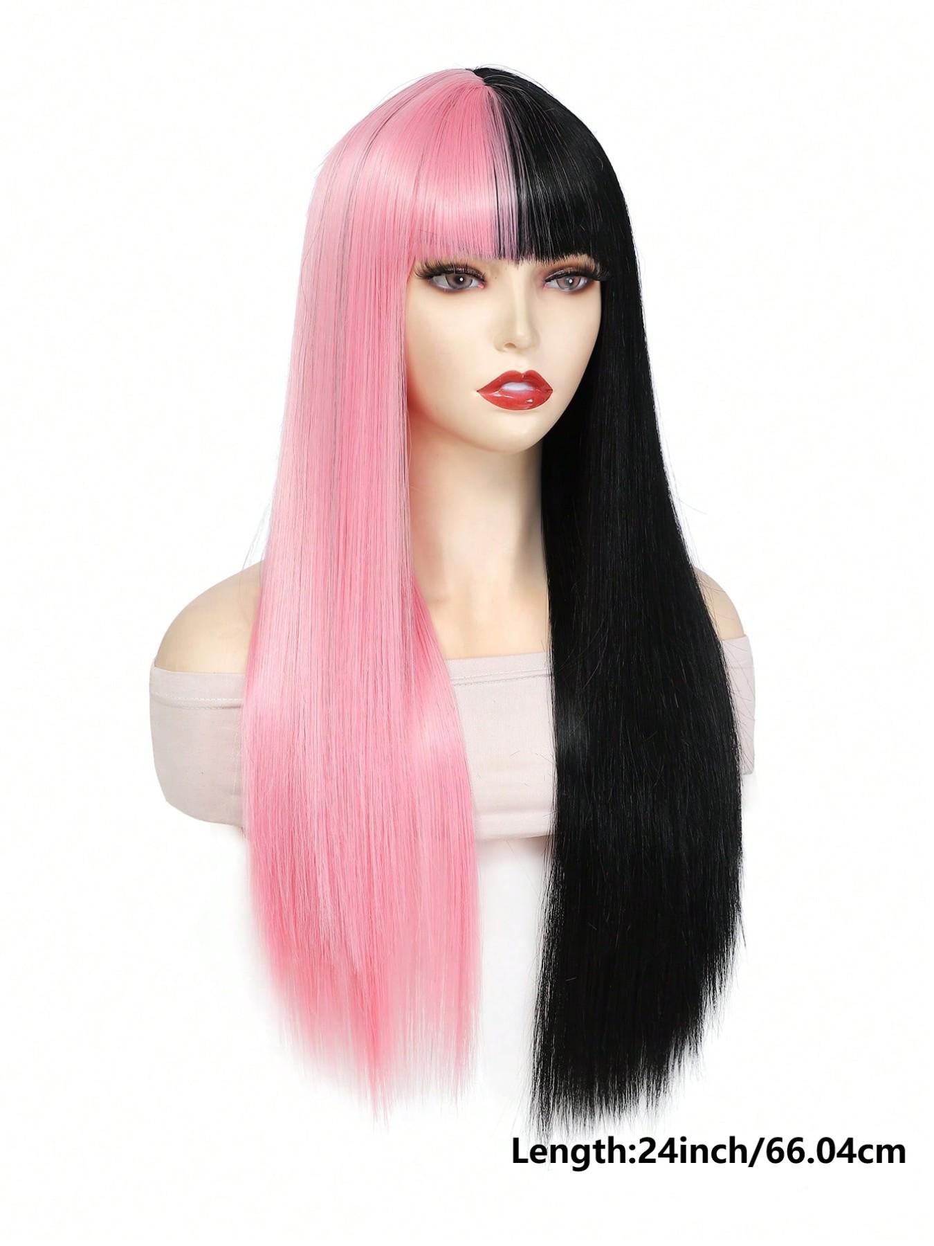 26 inch Cosplay Extension Hair Wig Pink And Black Color Synthetic Straight Hair Wig With Bangs Hair for women Wear Cosplay holiday Daily Halloween and Christmas New Year Carnival Music Festival