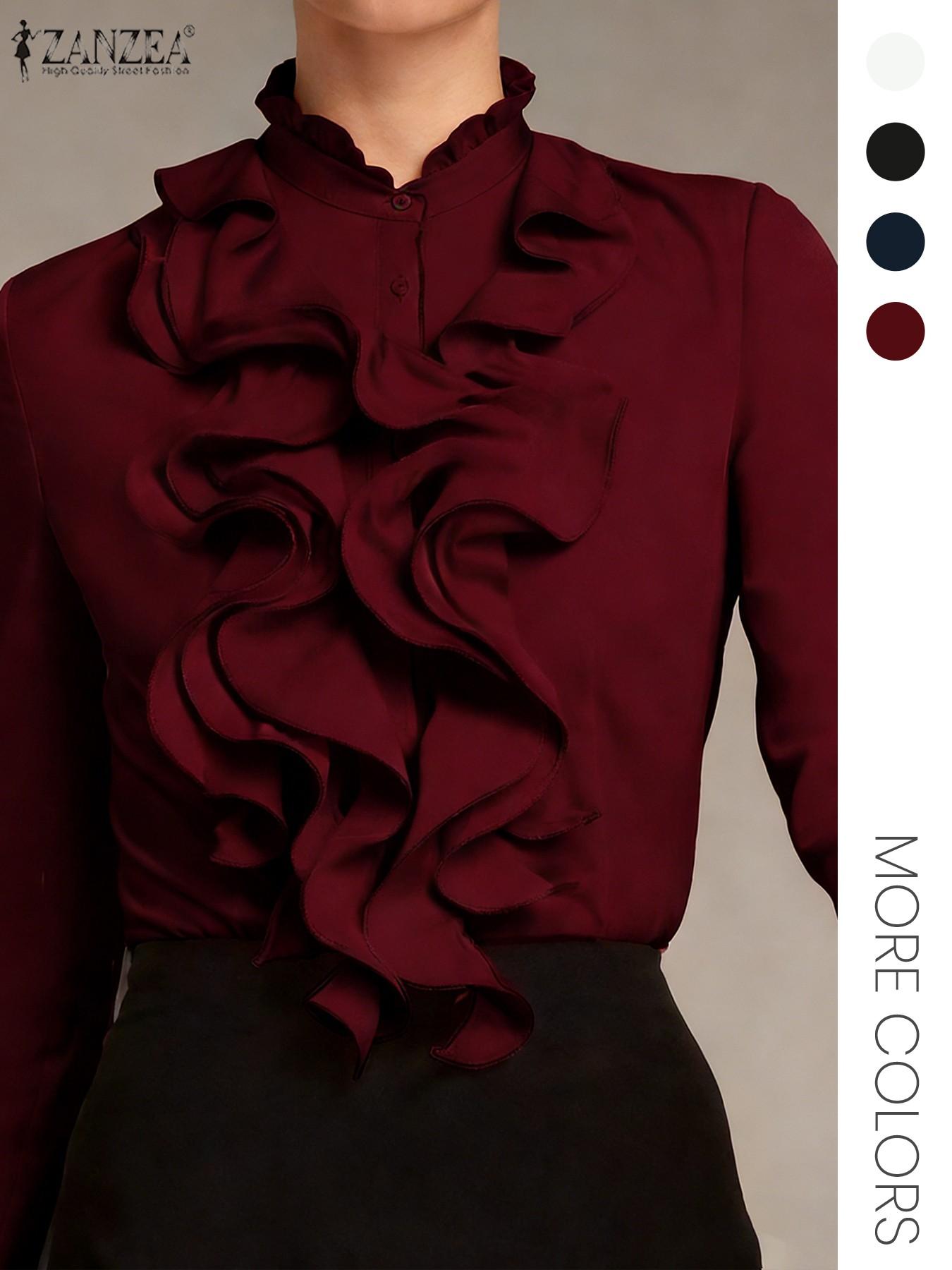 Women's Plain Ruffle Trim Button Front Blouse, Elegant Fitted Long Sleeve Stand Collar Top for Work Office Business, Women's Clothing for Fall & Winter