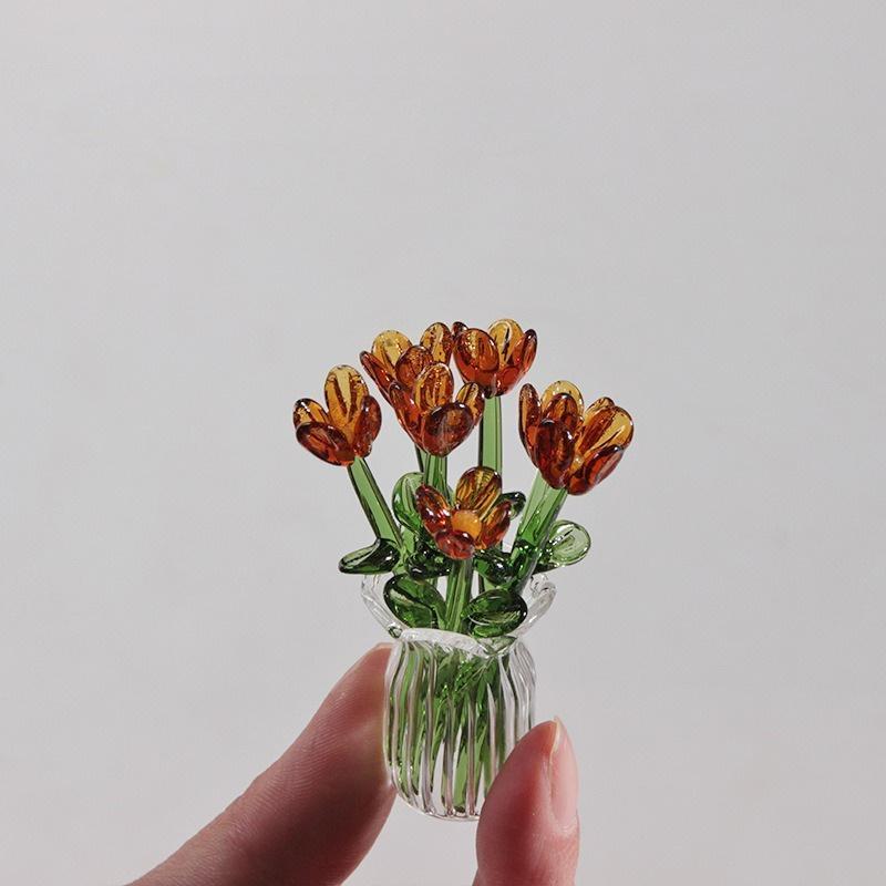 1 set (7 flowers+1 vase) glass simulation flower decoration ornaments, handcrafted mini glass flowers, DIY flower arrangement bouquets, faux flowers, Artificial mixed flower, Decorative Flowers Bouquet, suitable for gifting, event decorations