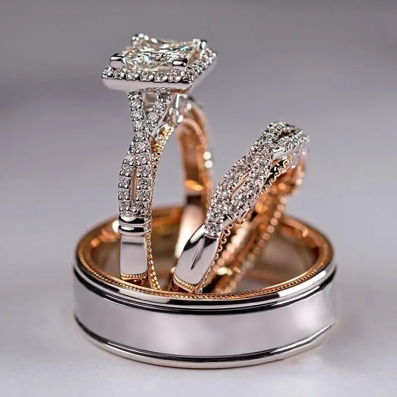 3 Piece Bridal Ring Set for Women, Rose Gold Plated Cubic Zirconia Engagement Ring, Stackable Wedding Band Set, Sparkling Promise Ring for Wedding, Anniversary, Valentine's Day Gift