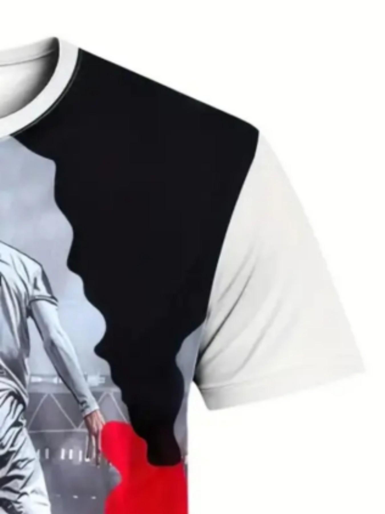 Men's Portugal Flag Football Print T-Shirt, Street Style Round Neck Short Sleeve Top, Sporty Loose-Fitting All Seasons Clothing