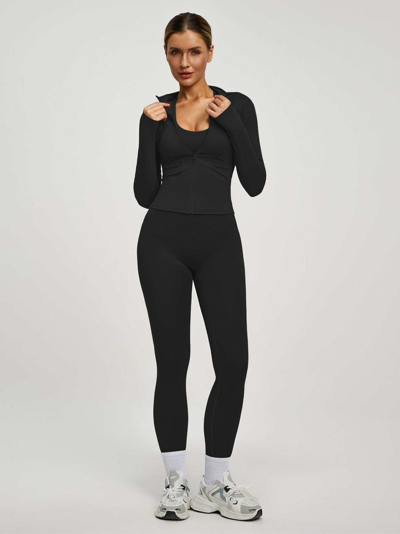 New Women's Solid Color Casual Fashion High-End Long Sleeve Quick-Dry Sports Set, Yoga Essential Jacket, Elastic Tight Yoga Pants, Activewear Clothing