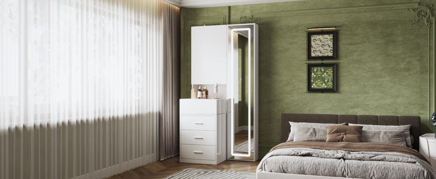 FUFU&GAGA Makeup Vanity Desk with Mirror and 3-Colors Lights, Dressing Table with 3 Drawers and Door Sliding Tabletop