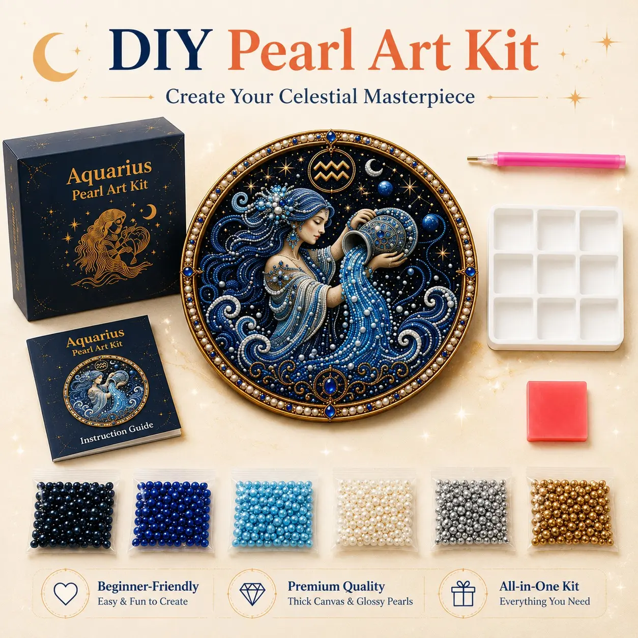 Premium 3D Pearl 12 Zodiac Signs Art DIY Kit, All 12 Constellation Bead Painting Craft Set with Luxury Flocked Canvas, Scratch Resistant Shiny Pearl Beads for Adults & Kids, Personalized Astrology Wall Decor & Unique Zodiac Birthday Gift