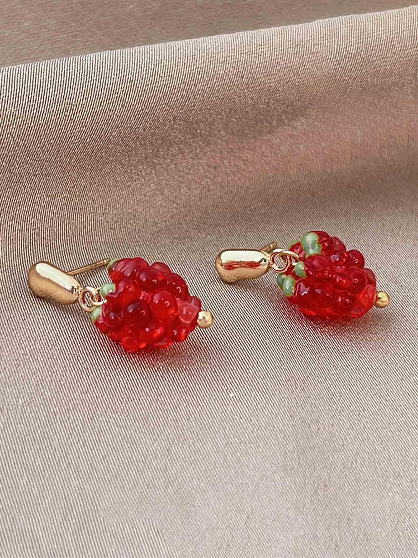 Women's Raspberry Fruit Dangle Earrings Set, Fashionable Sweet Design, Party & Vacation Style, Unique Women's Jewelry Accessories