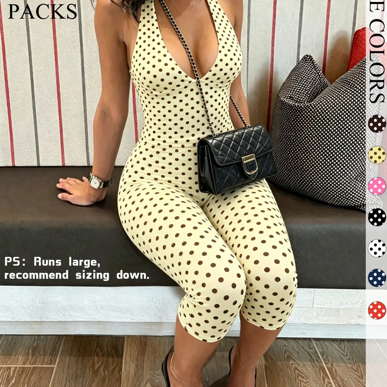 2-Pack Women's Polka Dot Halter Neck Top & Capri Pants Set, Slim Fit Casual Everyday Set Summer Outfits, Trendy Boho Chic Bohemian Streetwear for Daily Wear & Vacation