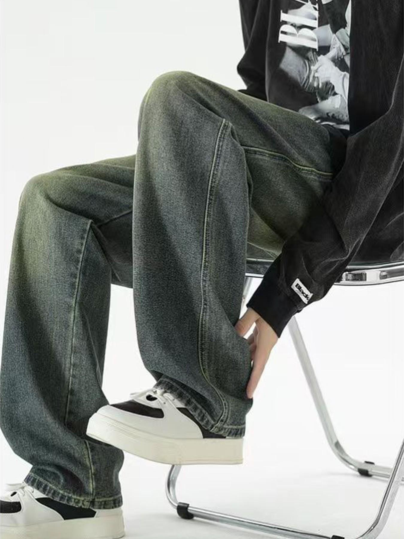 Men’s Charcoal Gray Washed Jacquard Jeans with Drawstring Waist, Baggy Wide Leg Casual Streetwear Denim Pants