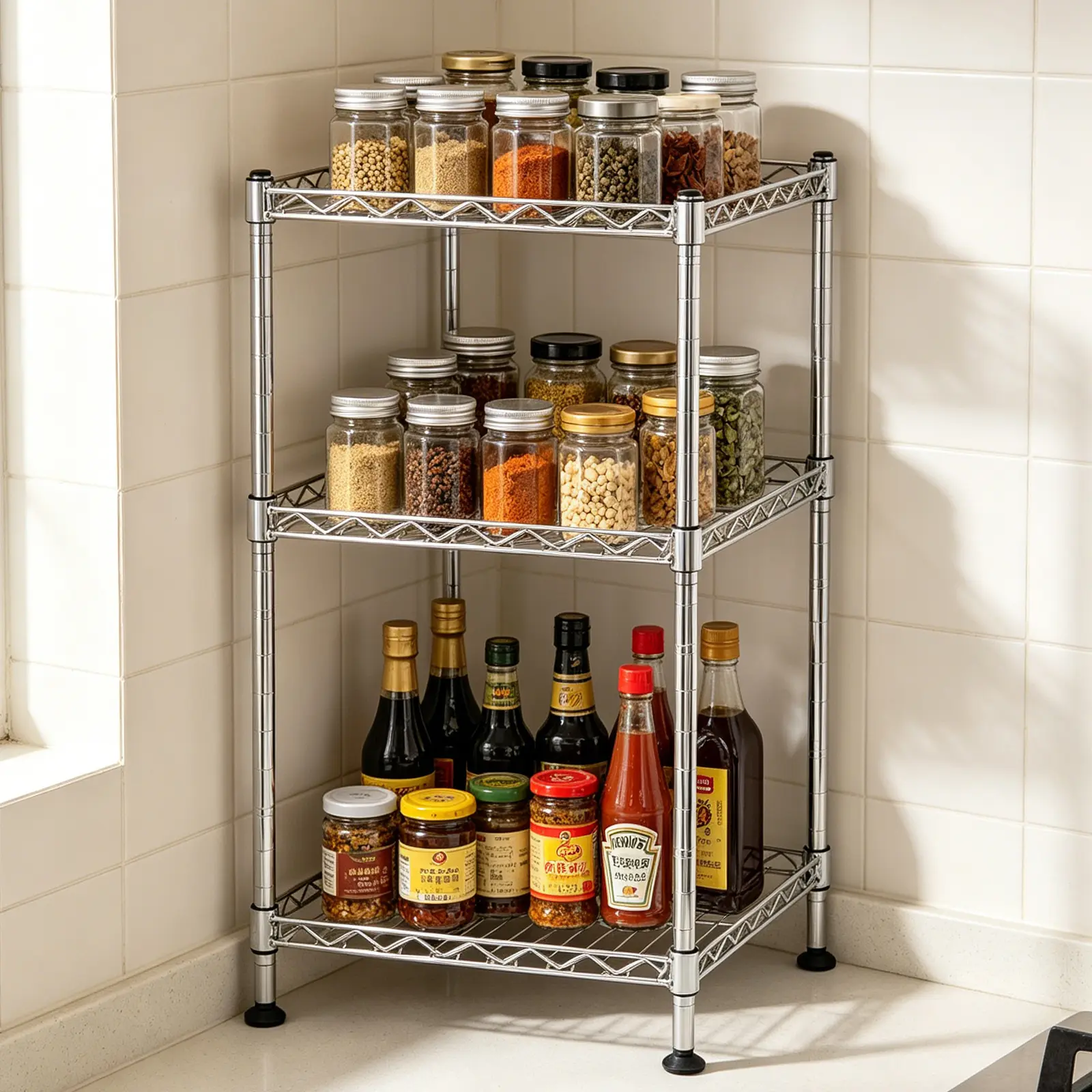 3-Tier Anti-Rust Chrome Wire Mesh Shelving Rack (30x30x60 cm) - Multi-Purpose Contemporary Storage Shelf Unit for Kitchen, Laundry Room, Anti-Rust Coat